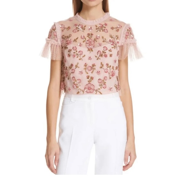 Needle & Thread Tops - Needle & Thread NWOT Carnation Sequin Embellished Top Pink Floral Mesh Blouse 8
